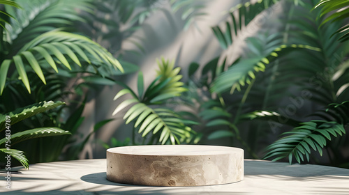 Cosmetics product advertising podium stand with tropical leaves background. Empty natural stone pedestal platform to display beauty product. Mockup photo