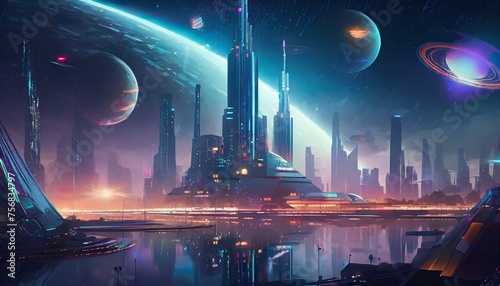 A city beyond our universe, with futuristic architecture, floating buildings, and a cosmic backround