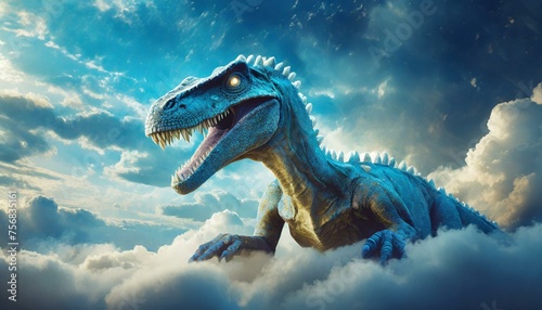 A baby T-Rex made of gray clouds lying on clouds
