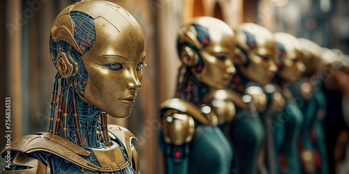 A row of identical golden robots—the theme of robot control in the future.