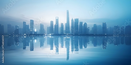 Bluetinted cityscape with futuristic skyscrapers and reflective urban design backdrop. Concept Cityscape Photography, Futuristic Architecture, Urban Reflections, Blue-Tinted Skyscrapers