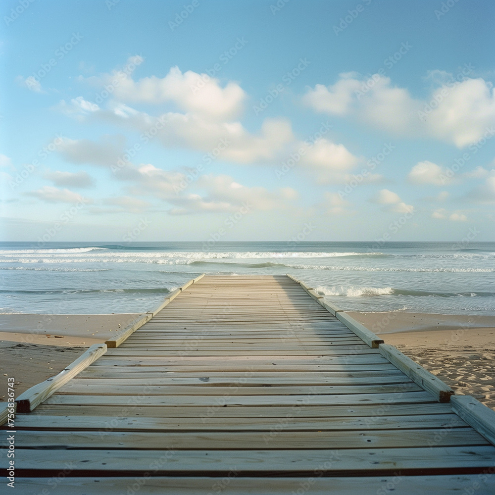 An early morning view of a deserted boardwalk along a beach, with wooden planks leading to the horizon where the sea meets the sky. 