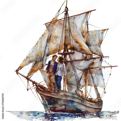 Painting of a couple on a ship