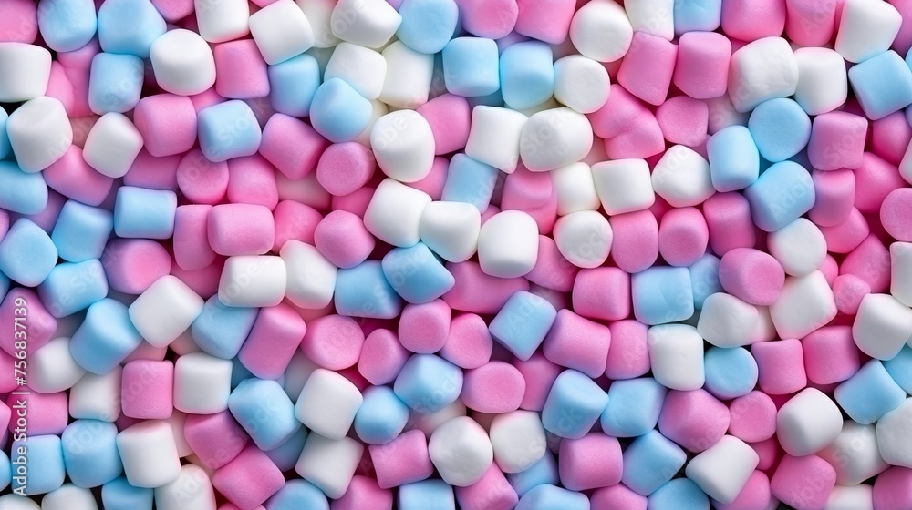Pastel pink, white, and blue marshmallows top view background for candy shop banner Pastel pink, white, and blue marshmallows top view background for candy shop banner