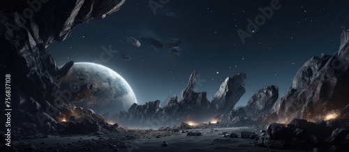 A massive planet hangs in the sky above the mountain range, creating a surreal atmosphere. The landscape below is highlighted by the contrast between city lights and the darkness of night