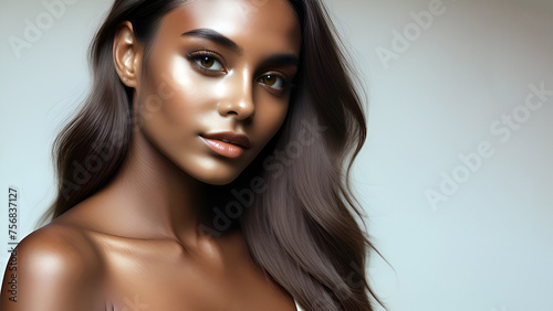 Pretty Brown Skinned Model isolated on plain colour background , promotional banner format 