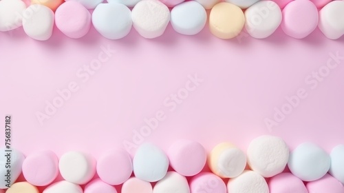Colorful pastel marshmallows on pink background for candy shop banner with space for text