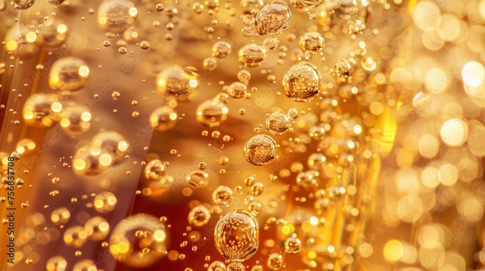 Macro shot of effervescent bubbles in sparkling champagne, reflecting the light in a festive toast
