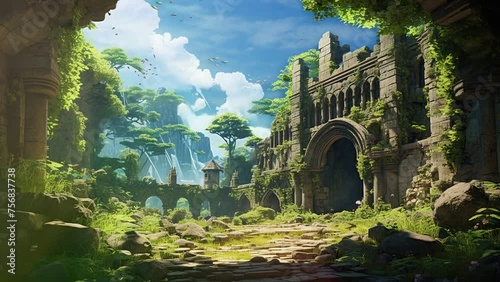 Ancient city ruins transformed into cute cartoon-style landscapes with vibrant flora