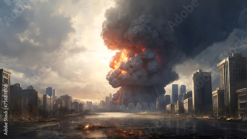 The moment the city was hit by a nuclear bomb, digital painting. The destroyed city, digital painting.