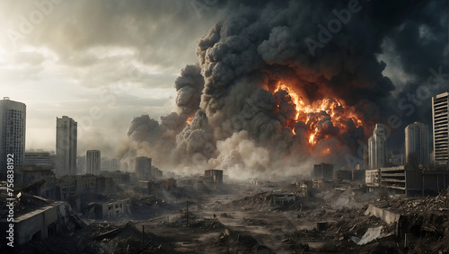 The moment the city was hit by a nuclear bomb, digital painting. The destroyed city, digital painting. photo