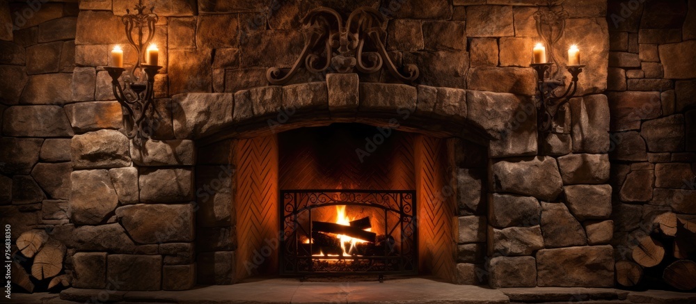 Stone fireplace with flames Stone fireplace with flames