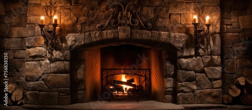 Stone fireplace with flames
