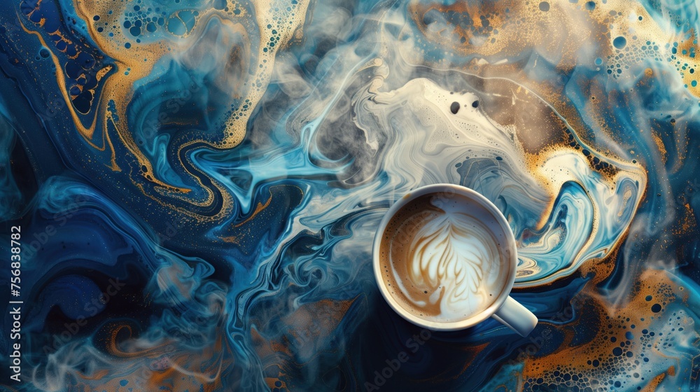  steaming cup of coffee art! Frothy milk mimics ocean waves, swirling over a deep coffee "sea." Brushstrokes add texture, transforming the photo into a unique ocean view in a cup. - obrazy, fototapety, plakaty 