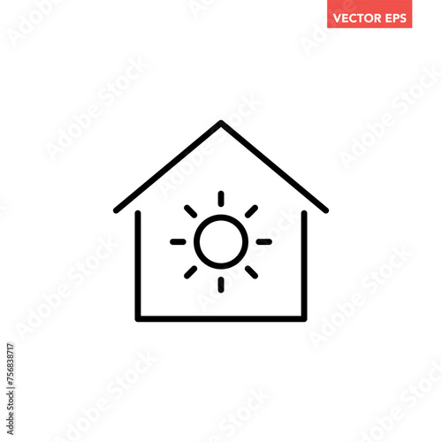 Black single electric home line icon, simple house lightness or solar power flat design pictogram vector for app ads web banner ui ux interface element isolated on white background
