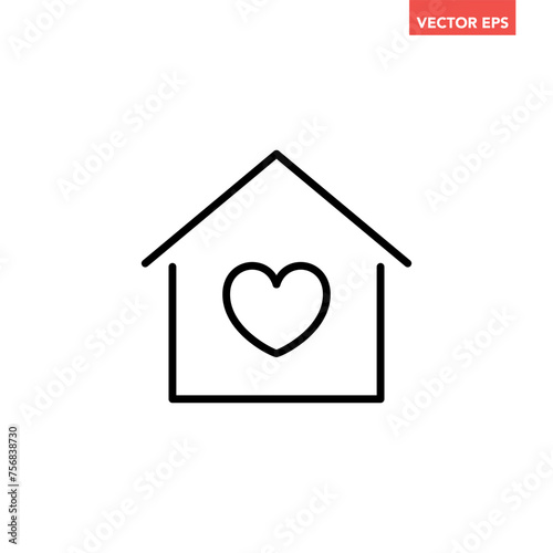 Black single house with heart line icon, simple home care graphic flat design pictogram vector for app ads web banner button ui interface elements isolated on white background