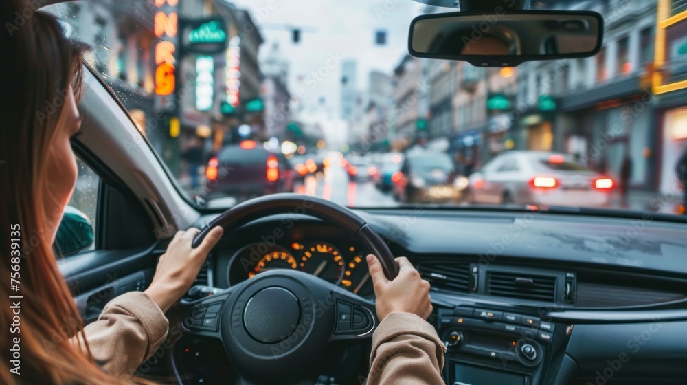 Obraz premium woman driving on the street seen from the vehicle