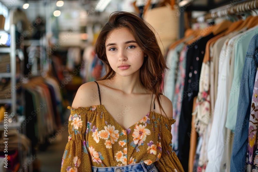 Smiling woman in a clothing store with clothing racks