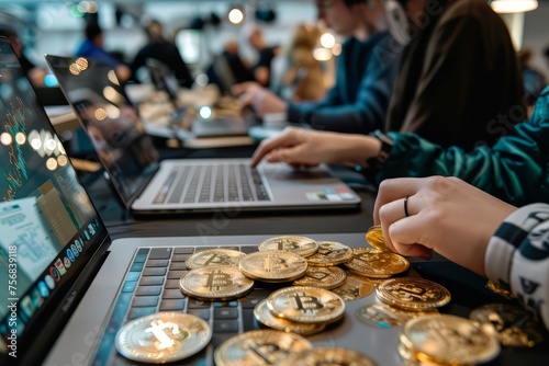 People showing bitcoin on laptop computer. Cryptocurrencies. Business graphic