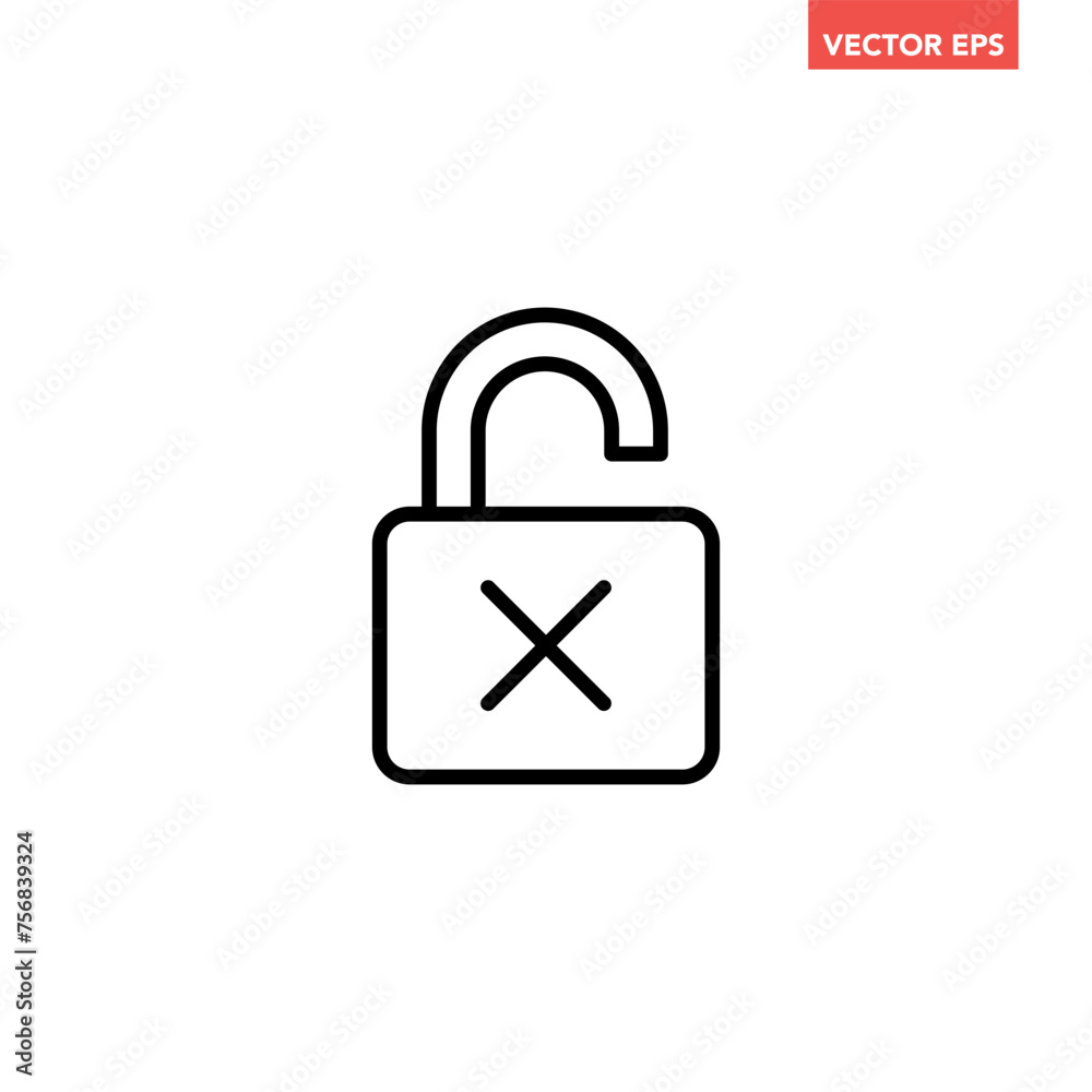 Black single unlock failed line icon, simple simple unsafe password protection flat design illustration vector for app ads web banner button ui ux interface elements isolated on white background Black single unlock failed line icon, simple simple unsafe password protection flat design illustration vector for app ads web banner button ui ux interface elements isolated on white background
