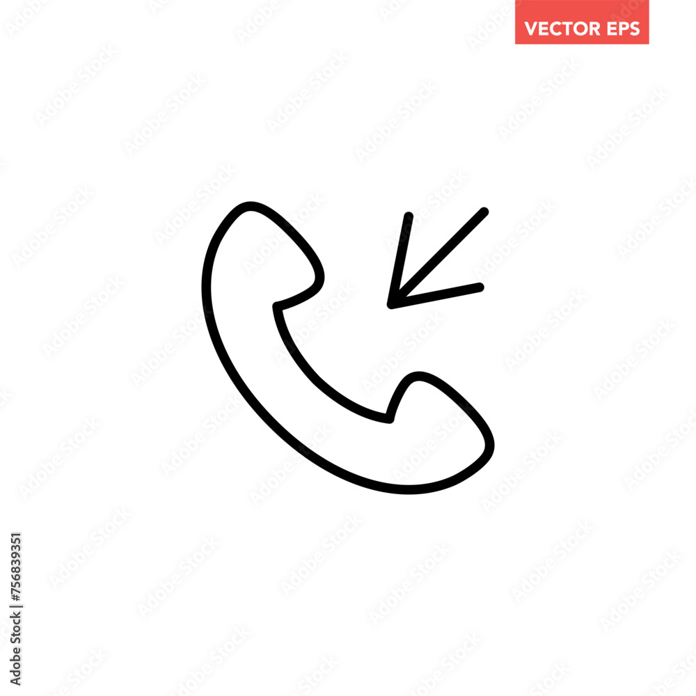 Single black incoming call line icon,  simple call in flat design pictogram vector for app logo ads web webpage button ui ux interface elements isolated on white background