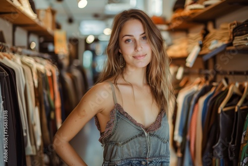 Smiling woman in a clothing store with clothing racks