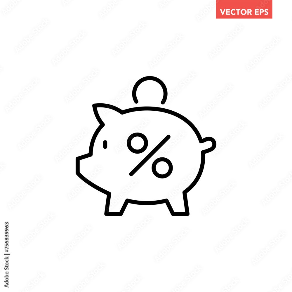 Black single piggy bank thin line icon, simple financial money saving flat design vector pictogram, infographic interface elements for app logo web button ui ux isolated on white background Black single piggy bank thin line icon, simple financial money saving flat design vector pictogram, infographic interface elements for app logo web button ui ux isolated on white background