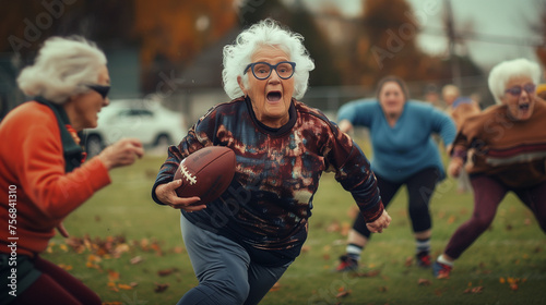  An old lady joyfully plays American football with her friends, running and holding the ball while screaming in excitement on an autumn day at the park, with other women having fun in the background.