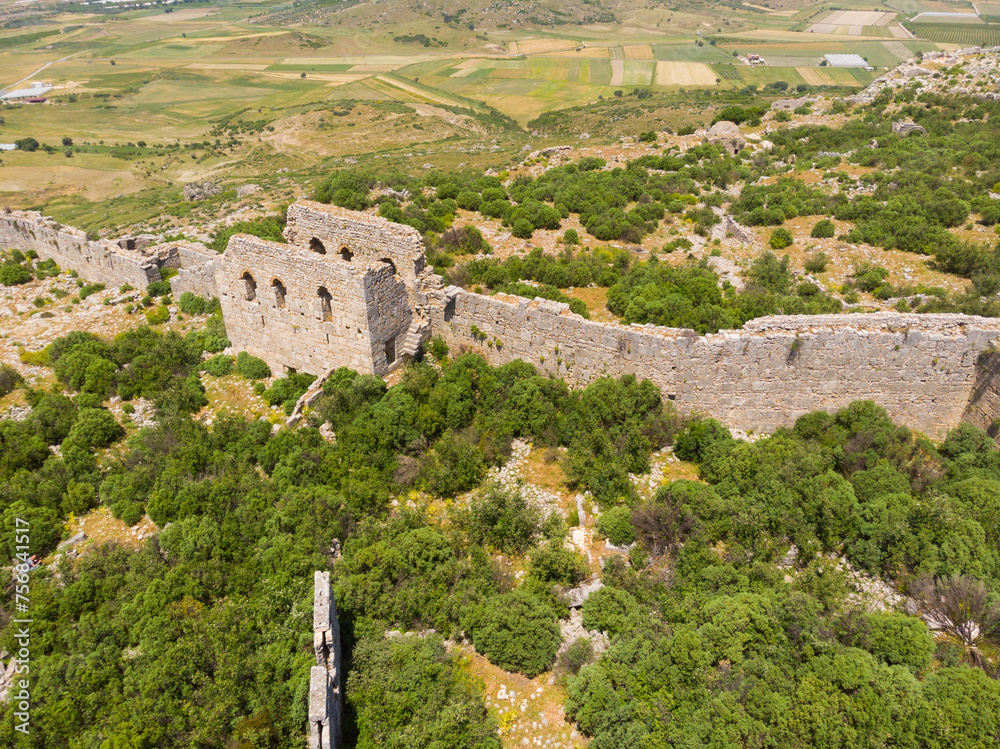 Picturesque view of ruins of Byzantine-era Sillyon fortress and city, southern Turkiye