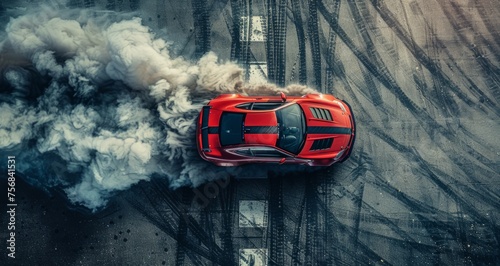 A red performance car doing a burnout, tires creating heavy smoke on a deserted urban street. photo