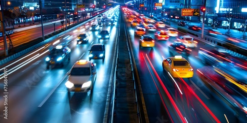 Busy city highway at night car headlights blur in motion. Concept Night Photography, City Lights, Traffic Blur, Urban Landscape, Motion Capture © Ян Заболотний