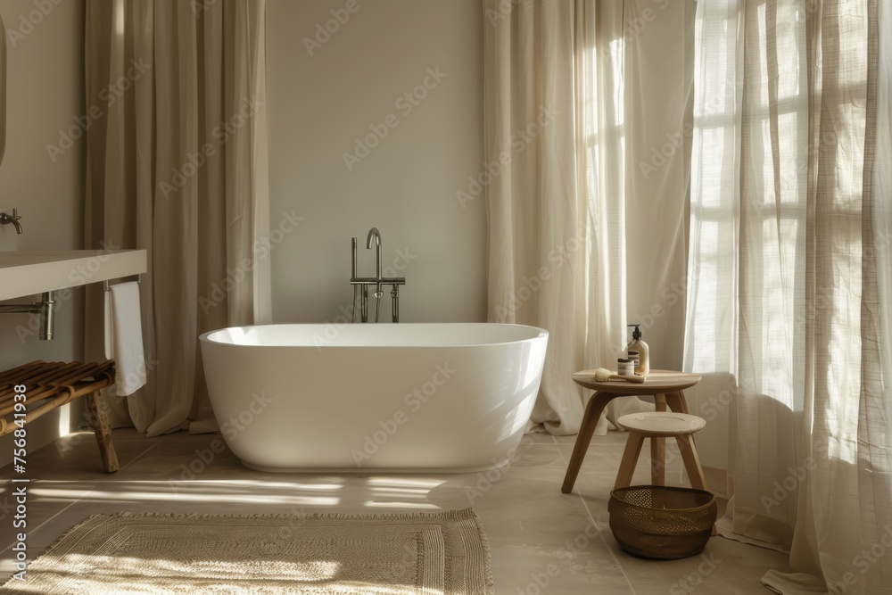 Fototapeta premium Modern bathroom interior with freestanding bathtub