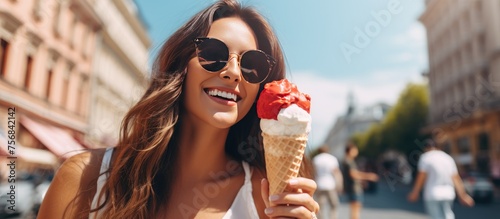 A woman wearing sunglasses is enjoying an ice cream cone on a bustling city street. Her smile and relaxed gesture suggest she is savoring the sweet treat under the clear blue sky