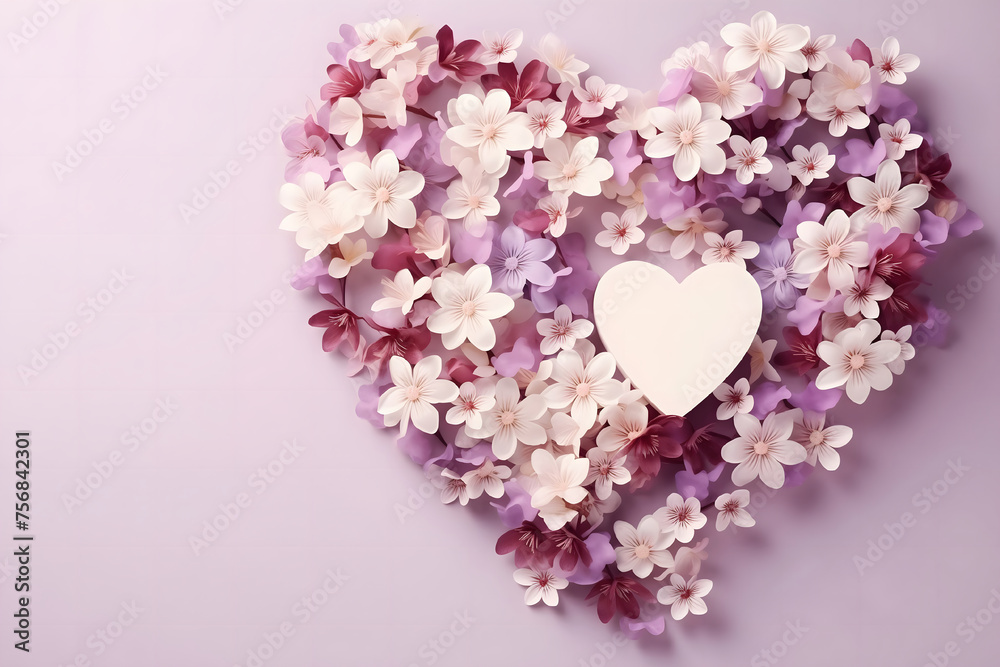 bouquet of purple and white flowers in the shape of a heart with a place for text