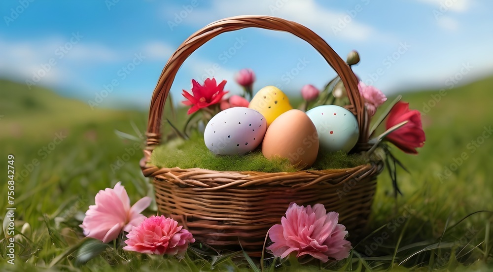 Easter egg basket on lawn with springtime flowers on a bright day Easter egg and flower-filled wicker basket,an egg-filled basket on the grass Easter basket in the verdant grass, with eggs and spring Easter egg basket on lawn with springtime flowers on a bright day Easter egg and flower-filled wicker basket,an egg-filled basket on the grass Easter basket in the verdant grass, with eggs and spring