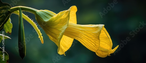 A close up of a yellow flower from the lily family, with a green background. This terrestrial plant is a flowering herbaceous plant, possibly from the evening primrose family photo