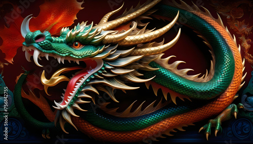 A digital image of a dragon with golden scales and vibrant wings against a dark, patterned background