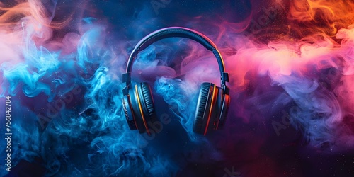 Dynamic Music Scene: Vibrant Headphones Bursting with Color Dust and Smoke. Concept Music Scene, Colorful Headphones, Color Dust, Smoke Effects