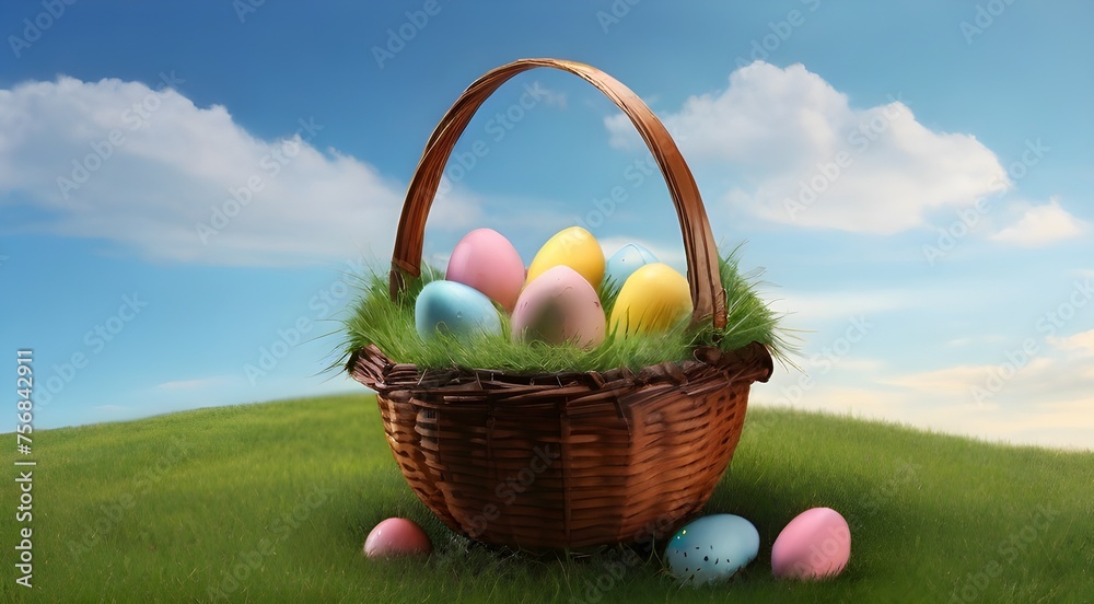 Easter egg basket on lawn with springtime flowers on a bright day Easter egg and flower-filled wicker basket,an egg-filled basket on the grass Easter basket in the verdant grass, with eggs and spring 