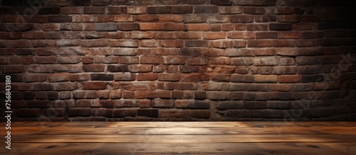 Wooden table with dark brick wall background for showcasing products.