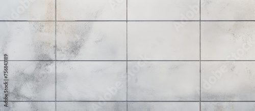 A closeup of a white rectangular tile wall with a grid pattern in shades of grey. The parallel lines create a uniform and stylish flooring material property