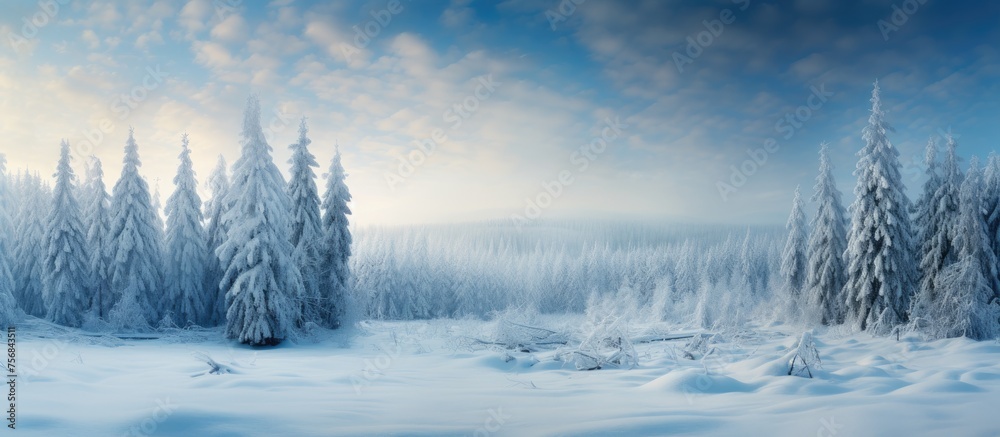 In a winter wonderland, a snowy forest with trees shrouded in ice and snow creates a magical atmosphere. The sky is filled with white clouds, enhancing the natural landscape