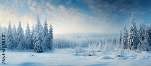 In a winter wonderland, a snowy forest with trees shrouded in ice and snow creates a magical atmosphere. The sky is filled with white clouds, enhancing the natural landscape © 2rogan
