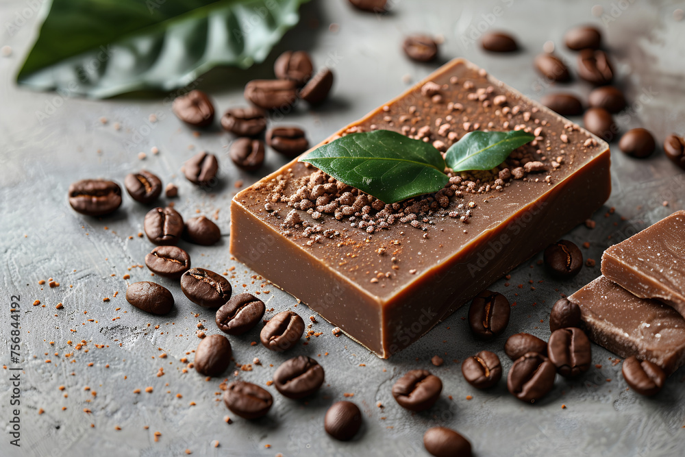 Natural coffee handmade soap bars on light background - natural skincare and hygiene concept. Space for text, Generative AI Natural coffee handmade soap bars on light background - natural skincare and hygiene concept. Space for text, Generative AI