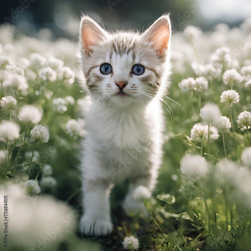 white cat on the grass © yama