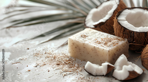 Natural coconut handmade soap bars on light background - natural skincare and hygiene concept. Space for text, Generative AI