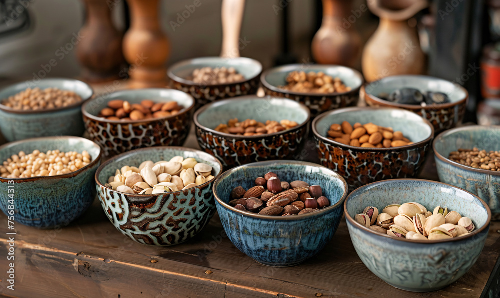 Healthy food nut mix assortment on white gray tabletop top view