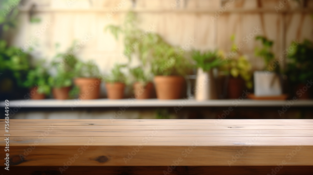 Empty wooden tabletop with blurred background for product display or visual composition layout