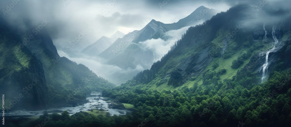 A river flows through a valley with mountains and trees, creating a stunning natural landscape. The cloudy sky adds to the beauty of the mountain range