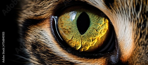A closeup shot of a cats eye showing a striking yellow pupil, surrounded by delicate eyelashes and whiskers. This macro photography captures the fascinating details of a terrestrial animals iris